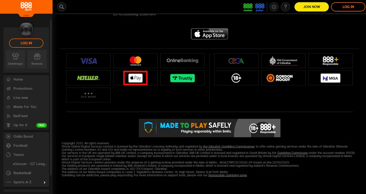 888Sports Apple Pay Screenshot